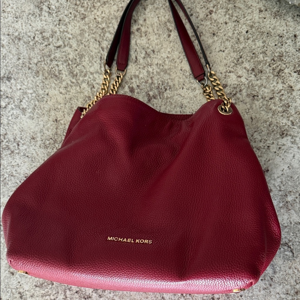 Michael Kors Red Leather Shoulder Bag with Gold Chain